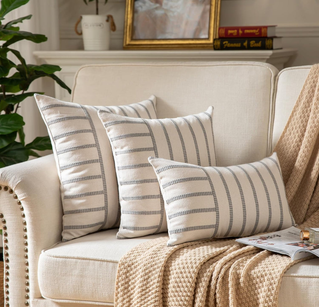 Caflife Boho Throw Pillow Covers 12x20 Set of 2 Soft Farmhouse Decorative Couch Pillow Cases Grey Striped Pillow Covers Neutral Cushion Covers for Sofa Bed Living Room Home Decor