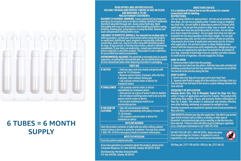 Amazon Basics Flea, Tick & Mosquito Topical Treatment for Medium Dogs (11-20 pounds), 6 Count (Previously Solimo)