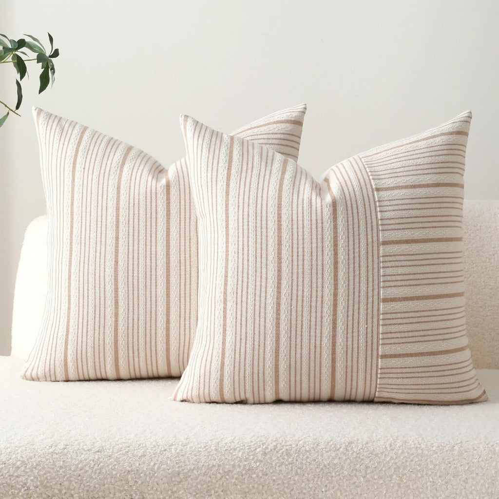 DWR Striped 3D Textured Weave Throw Pillow Covers 20x20 Set of 2, Polyester Cotton Blend in Khaki, Modern Farmhouse Decorative Pillow Cases for Couch Sofa Bed Living Room