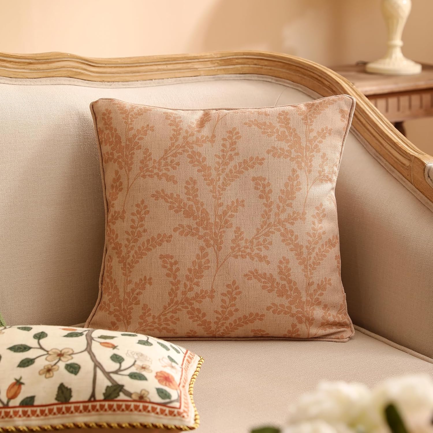 ISAENNE Design Linen Classic Throw Pillow Covers 18"x18", French Farmhouse Square Cushion Covers with Beige Branch Floral Pattern Decoration Pillowcases for Bed,Living Room,Outdoor,Car