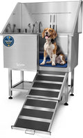 KANIS Professional Dog Washing Station - 304 Stainless Steel Pet Wash Sink & Grooming Bathtub w/Shower, Floor Grates and Storage for Large, Medium & Small Pets (40", Shelf - Right Ramp)