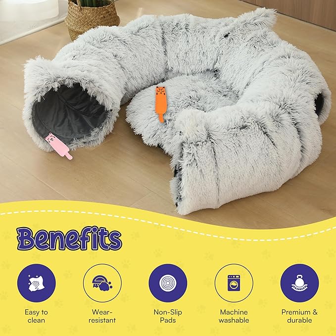 Cat Tunnel Bed Cave with Catnip Toys - Peekaboo Cat Hideaway & Cat Donut Tunnel - 3-in-1 Cat Tunnels for Indoor Cats - Foldable Cute Cat Bed - 32" Washable