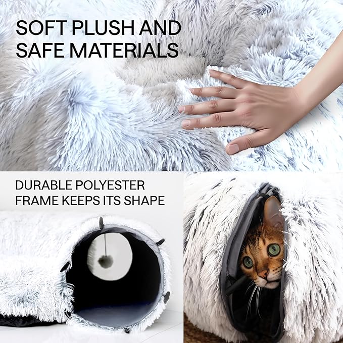 Cat Donut Tunnel Bed - Cat Tunnels for Indoor Cats - XL Plush Circle Hideaway with Cat Toys, 3-in-1 Foldable Playground & Cozy Cave Bed, Gift-Ready House Under Christmas Tree for Ferret, Rabbit, Kitty