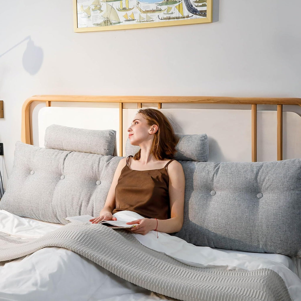 Headboard Pillow King Size, Triangular Wedge Backrest with Removable Head Roll & Side Pocket, 100% Linen Reading Pillow for Bed, Couch, Floor - Ergonomic Support for Neck, Back,Grey