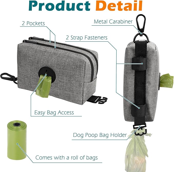PetBonus Dog Poop Bag Holder, Portable Pet Waste Bag Dispenser, 2 Pouches for Treats and Walking Accessories, Fit All Leashes, Includes 1 Roll of Dog Poop Bags (Grey)