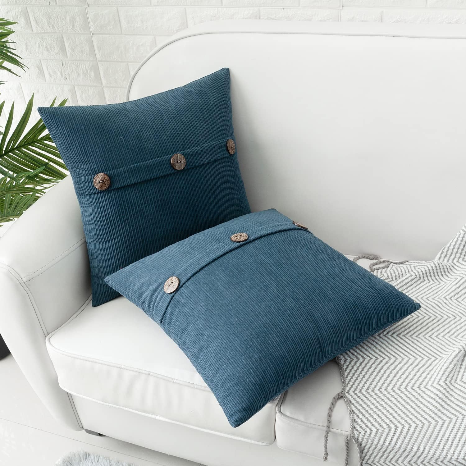 HWY 50 Blue Chenille Throw Pillow Covers 18x18 Inch with Triple Buttons, Soft Farmhouse Accent Decorative Cushion Cases for Couch Sofa Bed Living Room Pack of 2