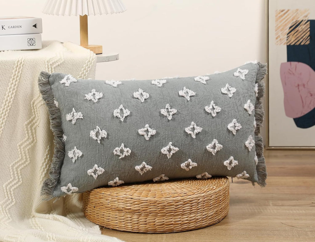 Boho Long Lumbar Pillow Cover 14x24 with Tassel,3D Flower Patterned Cotton Decorative Long Lumbar Pillow Cover Pillow Case for Sofa Couch Bed Livingroom Farmhouse,Blue Grey