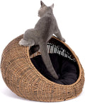 D+GARDEN Wicker Cat Bed Dome for Medium Indoor Cats - a Covered Cat Hideaway Hut of Faux Rattan Houses Pets in Dome Basket, Washable