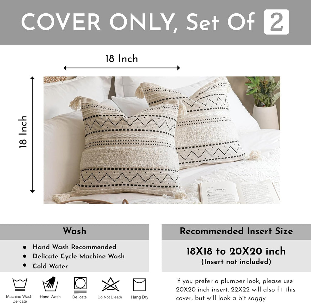 BlissBlush Decorative Throw Pillow Cover 18x18 Combo Set of 2 Square Boho Black Neutral Accent Pillowcase Tassels Farmhouse Cushion for Couch Sofa Bedroom Living Room Home Décor Cover ONLY