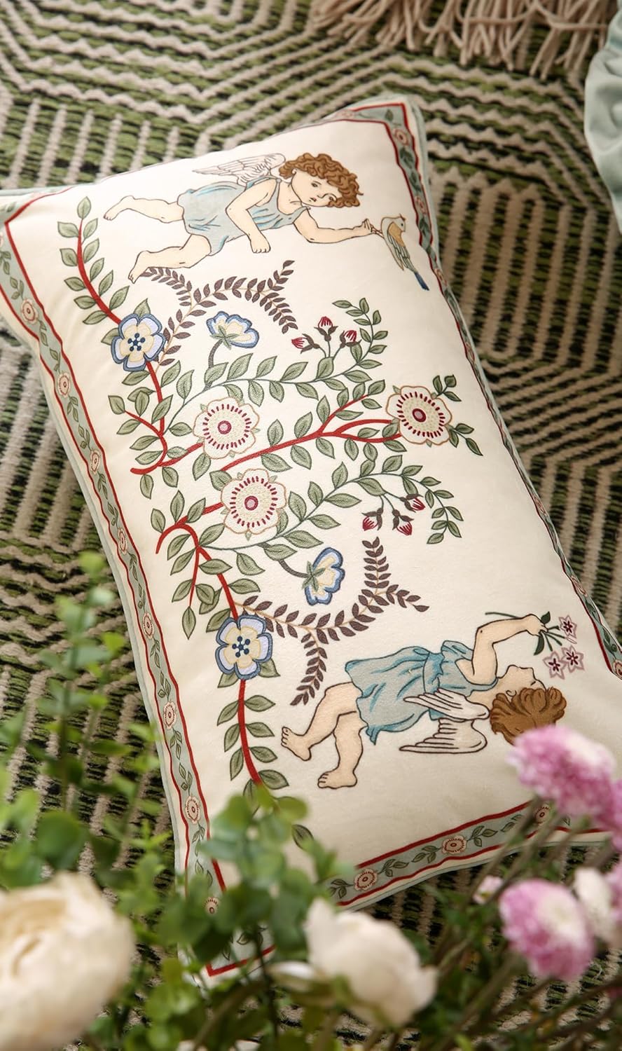 Throw Pillow Covers,Green Cozy Velvet Farmhouse with Angles and Floral Pattern Pillowcases,Decoration Lumbar Pillows Cushion Covers for Couch Sofa Bed Car Chair,12"x20"