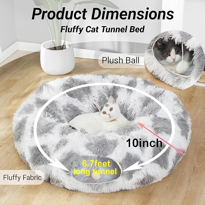 LUCKITTY Warm Fluffy Plush Cat Dog Tunnel Bed with Washable Cushion- Big Tube Playground Toys 3 FT Diameter Collapsible, for Indoor Cat Kitty Kitten Puppy Rabbit Ferret Gray-White Diamond Pattern
