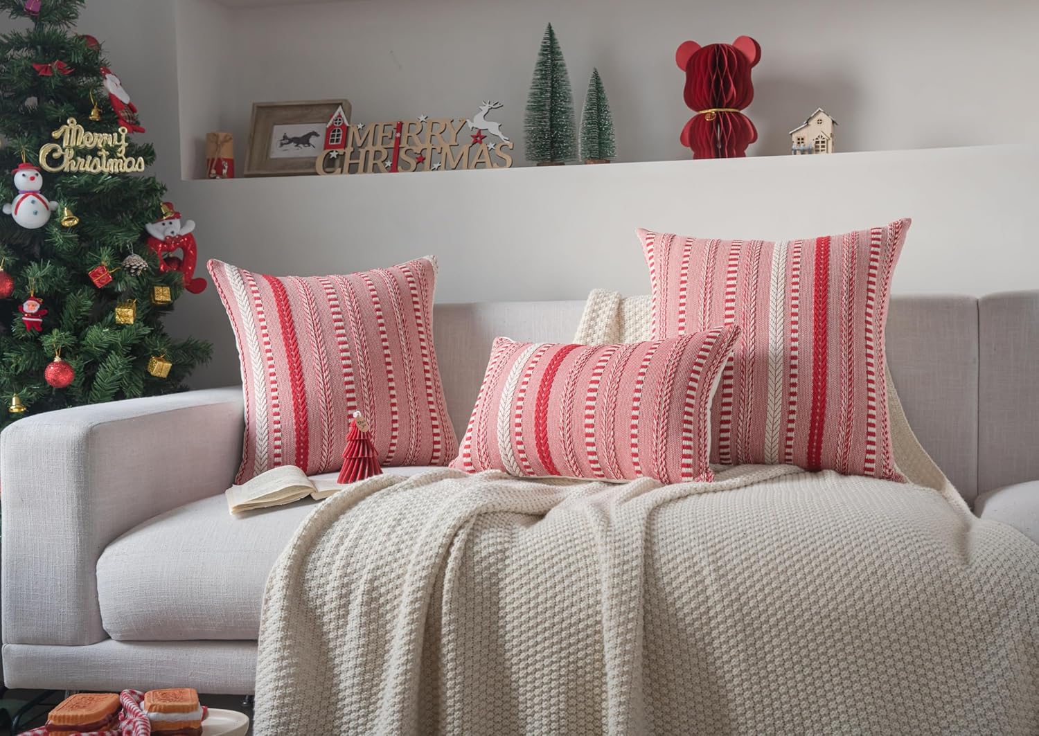 Christmas Pillow Covers 18x18 Inch Set of 2, Farmhouse Boho Christmas Decorative Couch Pillow Cases, Red Accent Pillows of Bed, Sofa Bedroom Living Room Home Decor Cushion Cover