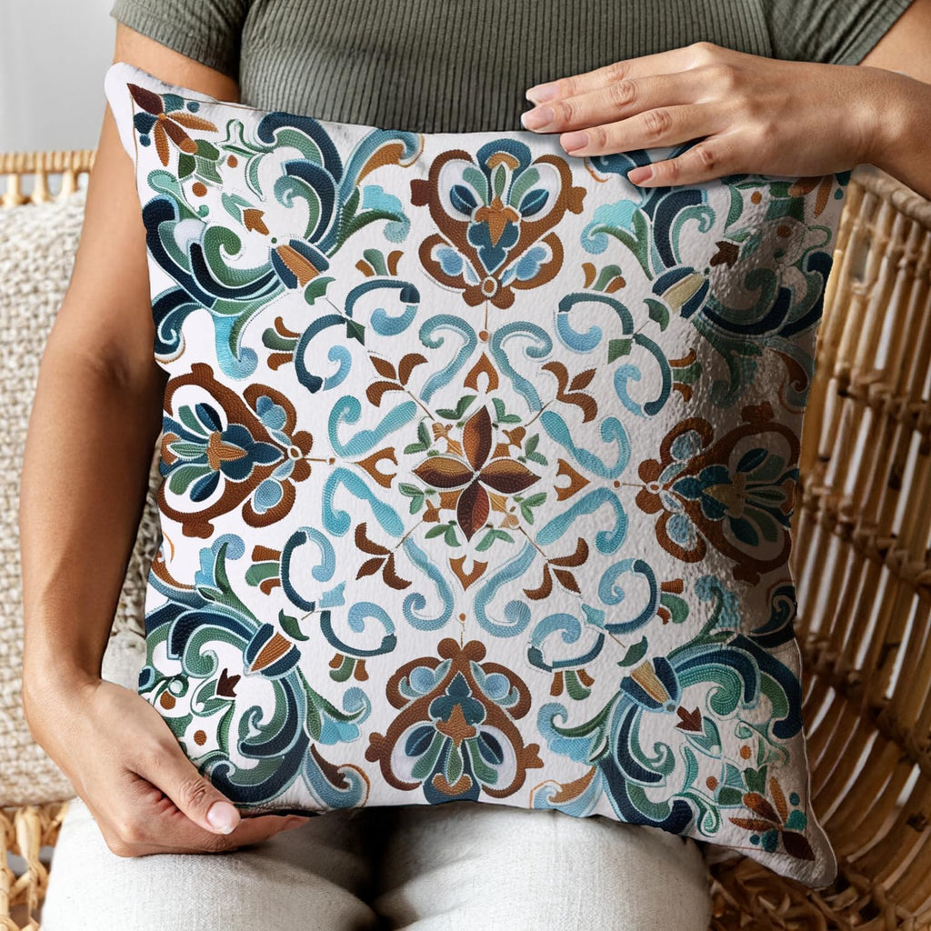 Vintage Boho Floral Print Throw Pillow Cover, Orange, Blue - Retro Rust Floral Decor Pillowcase, Indoor Outdoor Cushion Case for Sofa Couch Bed Living Room Bedroom Home (White&Blue, 18x18inch)