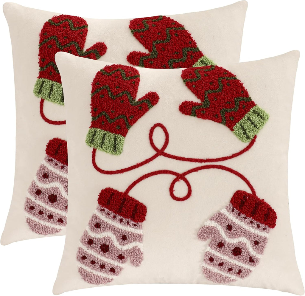 LUOYEHK Christmas Pillow Covers 18x18 Set of 2 Cute Gloves Decorative Beige Pillow Cases Winter Holiday Velvet Embroidered Cushion Covers for Couch Sofa Bed