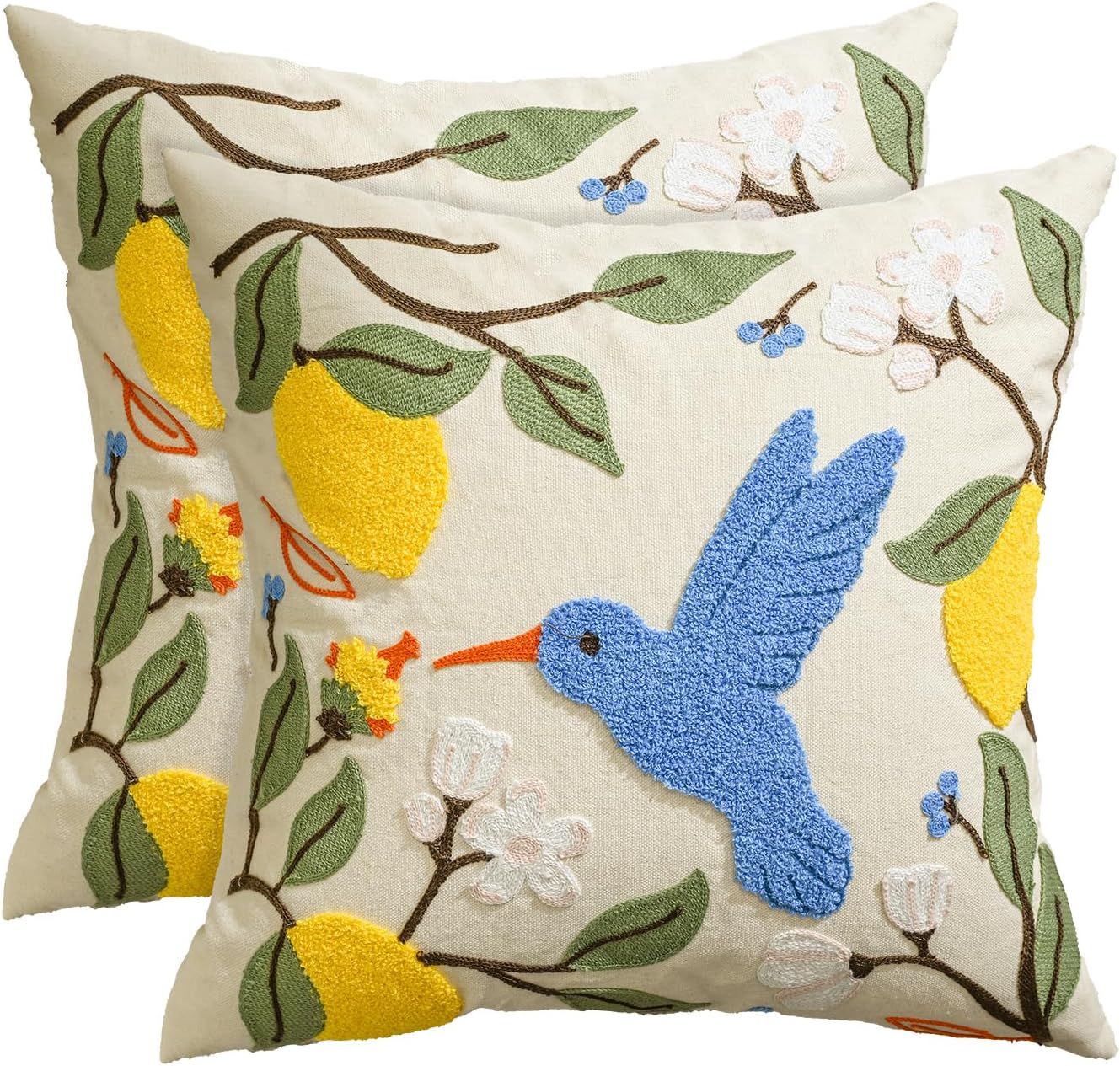 AVOIN colorlife Holiday Floral Embroidered Decorative Throw Pillow Covers Set of 2, 18 x 18 Inch Bird Lemon Flowers Tufted Patterned Linen Cushion Cases for Bedroom Living Room Sofa Couch
