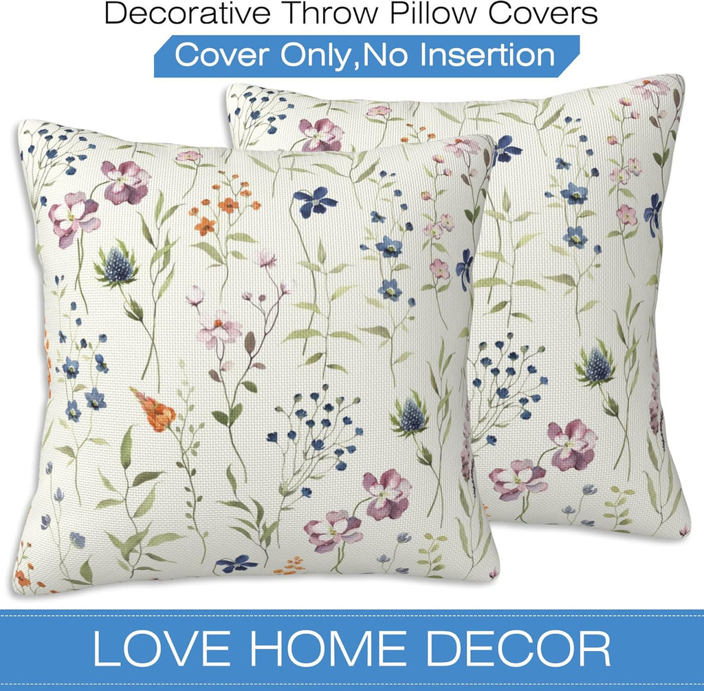 Throw Pillow Covers Spring Summer Floral Pillow Covers 16x16 Inch Set of 2 Watercolor Flowers Throw Pillows Decorative Pillow Cases Cushion Covers for Bedroom Livingroom Sofa Farm House