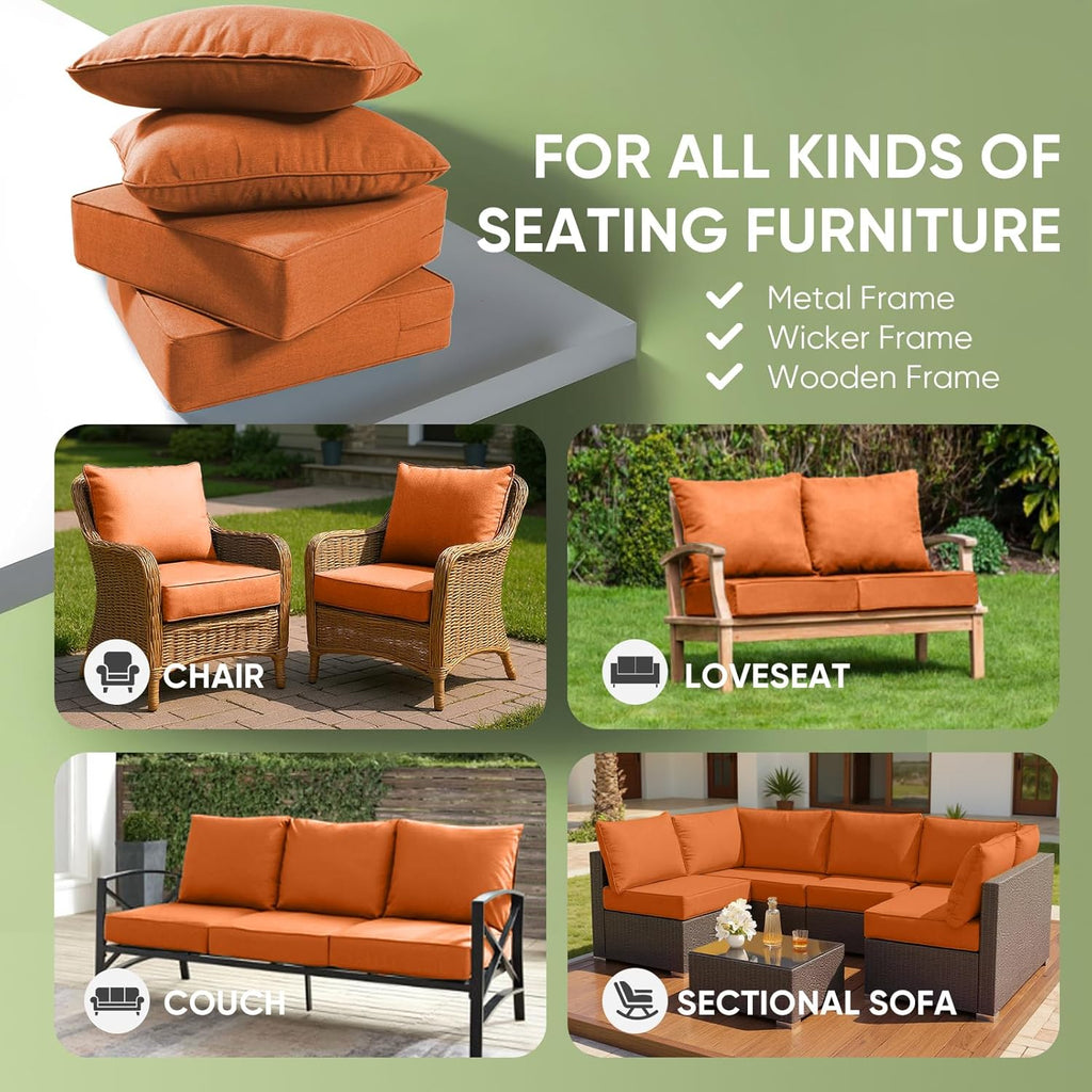 Outdoor Chair Cushions, 6 inch Thick Seat Cushion for Outdoor Furniture, Waterproof 22x24 Patio Furniture Cushions, Patio Couch Cushions Replacement, Include 2 Back & 2 Seat Cushion, Thick/Orange