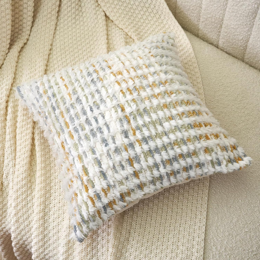 Aeckself Boho Chenille Tufted Pillow Cover 20 x 20 Inch, Decorative Square Throw Pillow Cover Neutral Pillowcase for Couch Bedroom Living Room, Yellow White