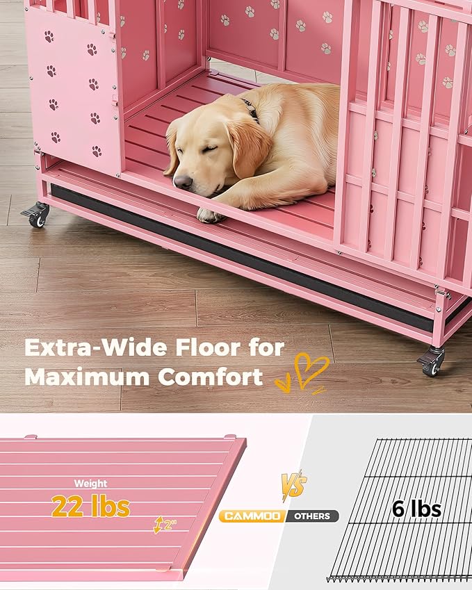 48'' Heavy Duty Dog Crate for Large Dogs, – Upgraded Chew-Proof Panels, Comfort-Widened Floor Panel, Dog Kennel Indoor, Adjustable Internal Height, Easy-Access Wide Door, 4 Lockable Wheels