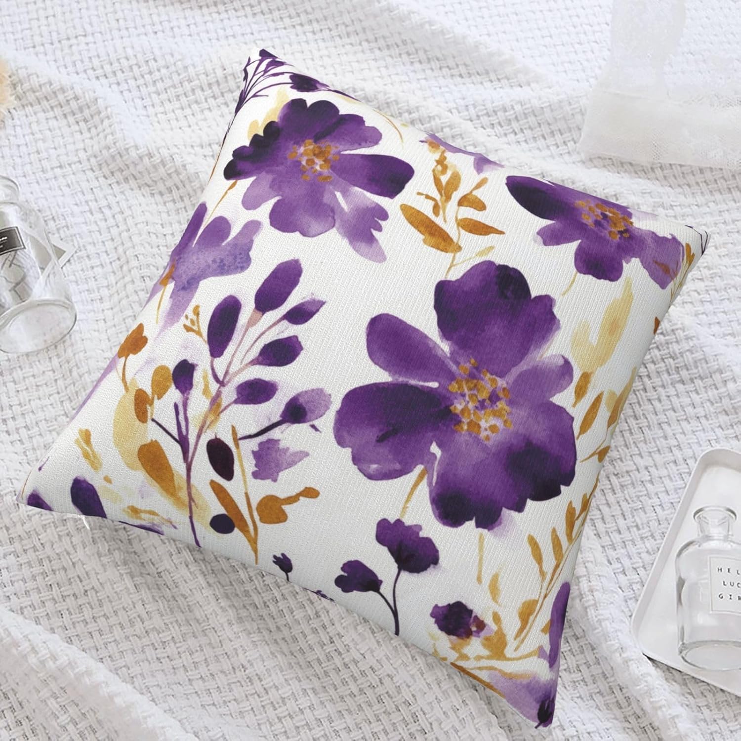 Purple Floral Throw Pillow Covers 18X18 Inch Set of 2, Decorative Violet and Gold Flower Pillows, Modern Boho Farmhouse Pillowcase for Couch Sofa Bedroom Living Room Home Decor Purple Yellow White