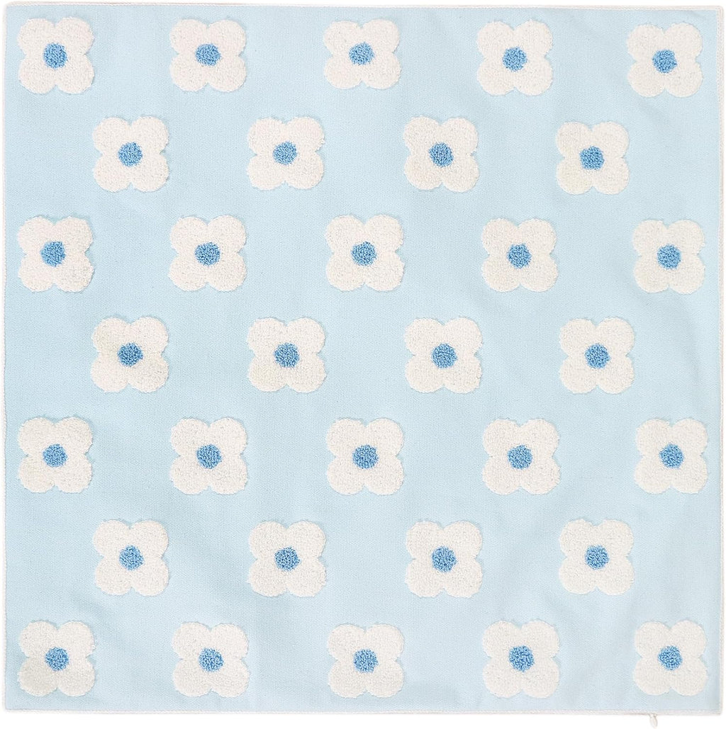 DECOBIRD Embroidery Throw Pillow Cover 20x20 Light Blue Floral Design Home Decor Loop Embroidered Pillow Case Thick Cotton Canvas Square Cushion Cover for Couch 50x50cm, 4 Petal Flowers 1 Piece