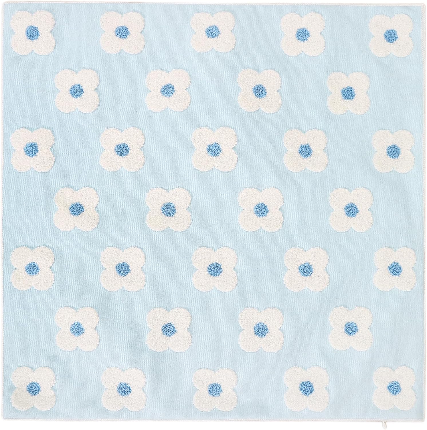 DECOBIRD Embroidery Throw Pillow Cover 20x20 Light Blue Floral Design Home Decor Loop Embroidered Pillow Case Thick Cotton Canvas Square Cushion Cover for Couch 50x50cm, 4 Petal Flowers 1 Piece