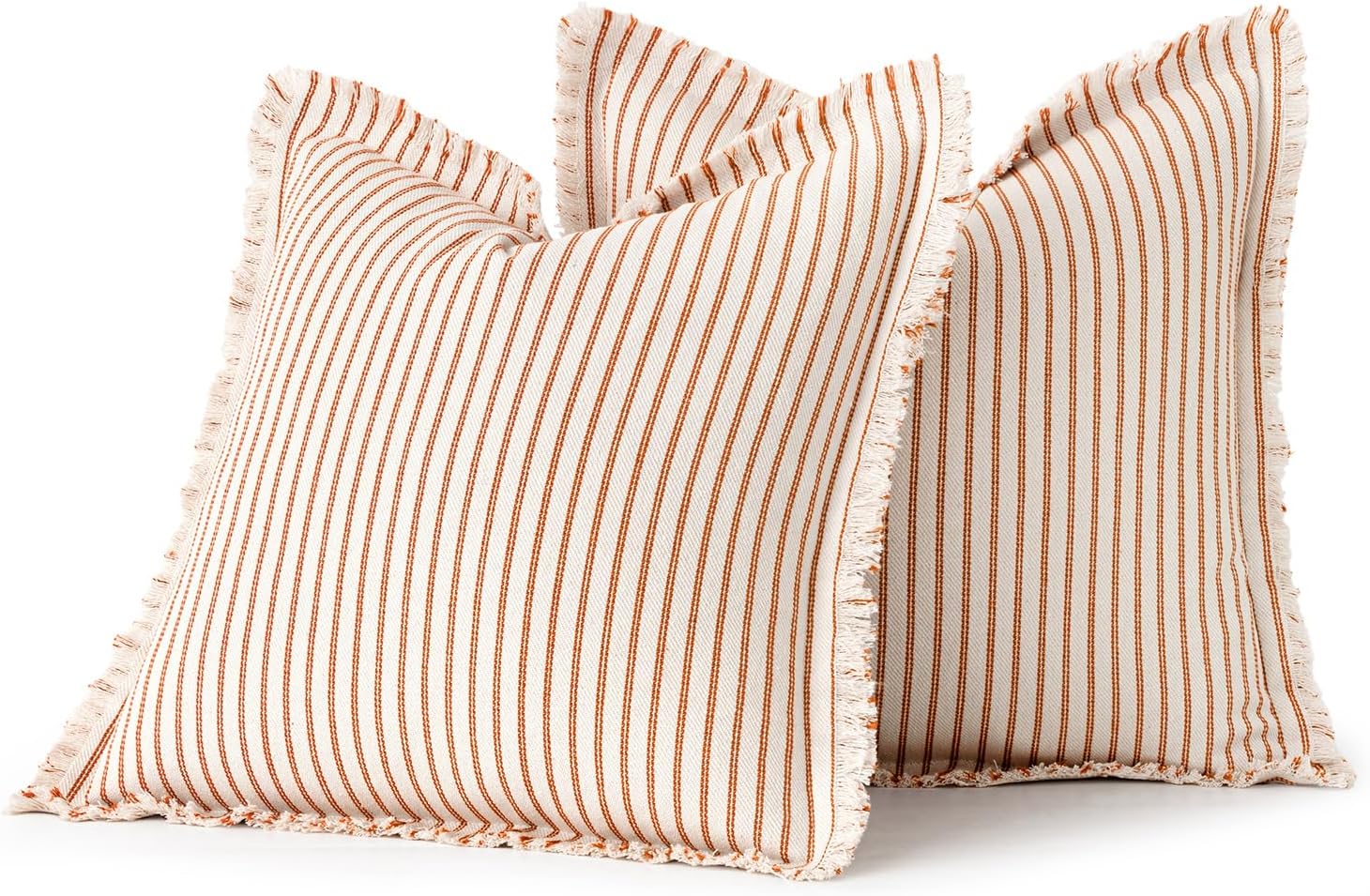 MIULEE Pack of 2 Orange Throw Pillow Covers 24x24 Inch Striped Farmhouse Couch Pillowcases with Fringe Chic Linen Decorative Euro Sham Cushion Covers for Halloween Sofa Living Room Bed Home Decor