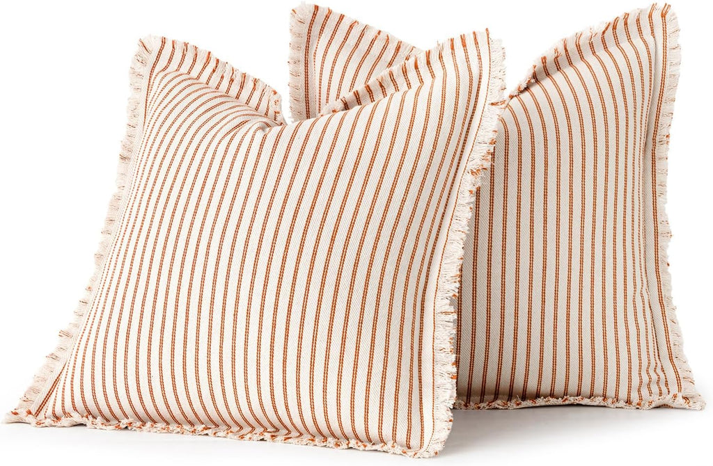 MIULEE Pack of 2 Orange Pillow Covers26x26 Inch Striped Farmhouse Couch Throw Pillow Covers with Fringe Chic Linen Decorative Cushion Covers for Halloween Sofa Living Room Bed Outdoor Home Decor