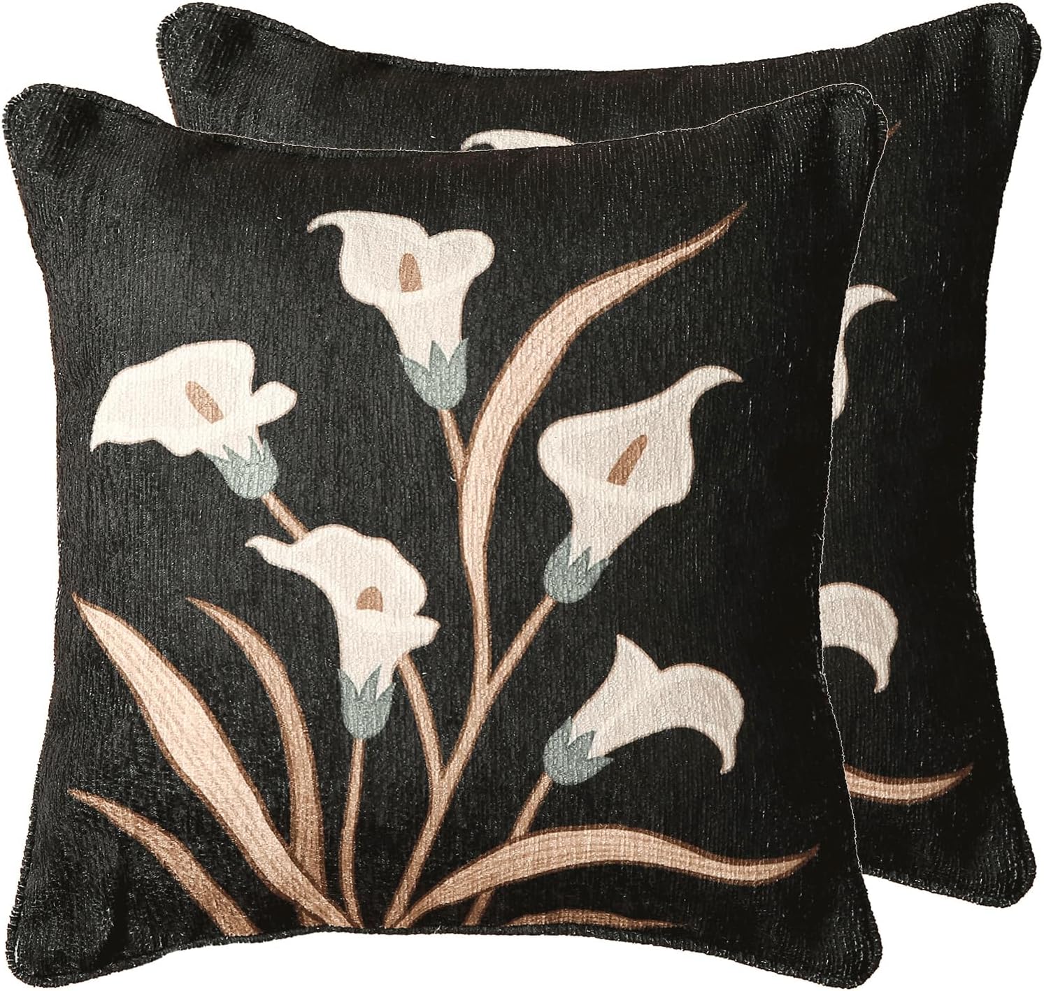 Black Linen Throw Pillow Covers Set of 2,Elegant Floral White Calla Lily Pattern Pillowcases,Decorative Square Pillow Covers Cushion Covers for Couch Bed Sofa Chair 18x18 Inches