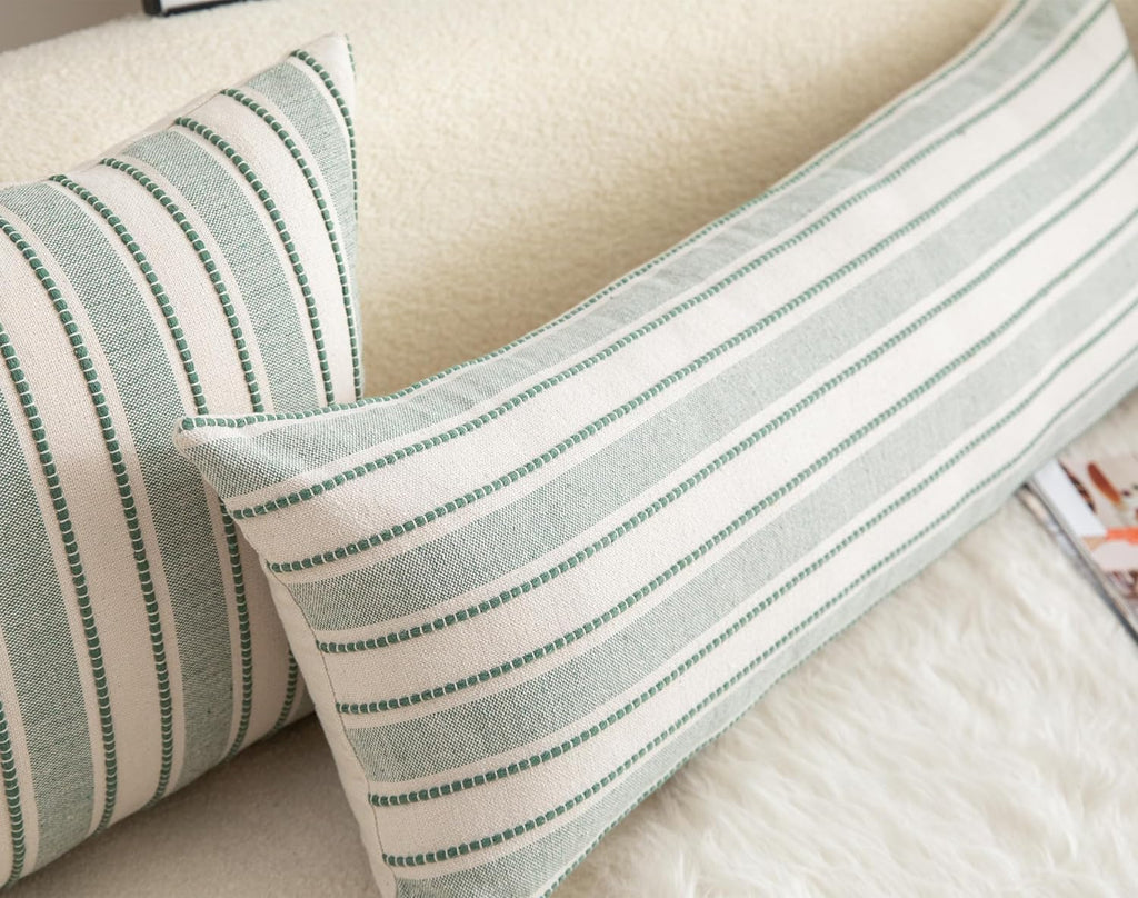 Decorative Boho Lumbar Pillow Covers, Modern Farmhouse Couch Pillowcase, 14 x 36 Long Accent Body Throw Pillow Covers, Sofa Bed Living Room Decor Cushion Case, Green and Beige, Pack of 1