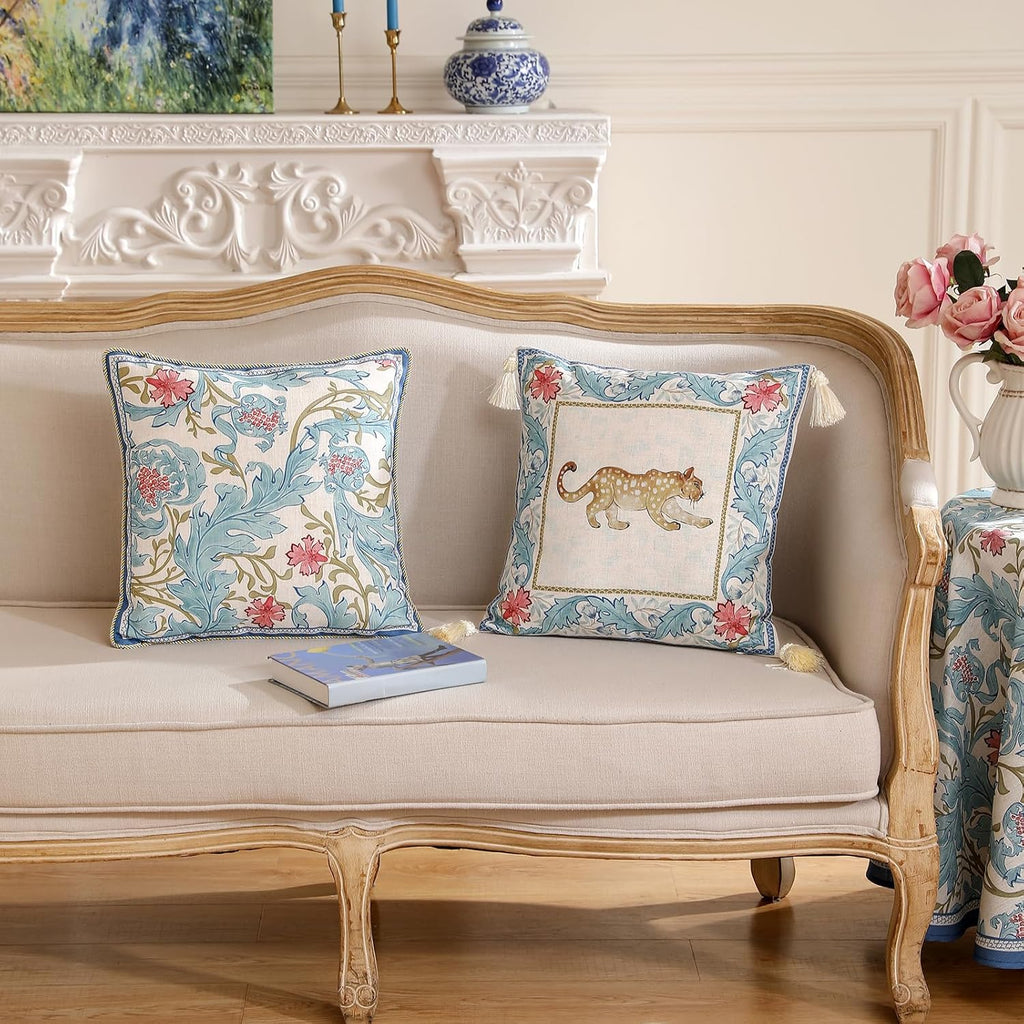 patdrea Designer Throw Pillow Covers for Couch 18"x18",Vintage French Linen Pillows Cover with Blue Floral Pattern,Fall Luxury Farmhouse Decorative Pillowcases for Bed Living Room Outdoor Set of 2