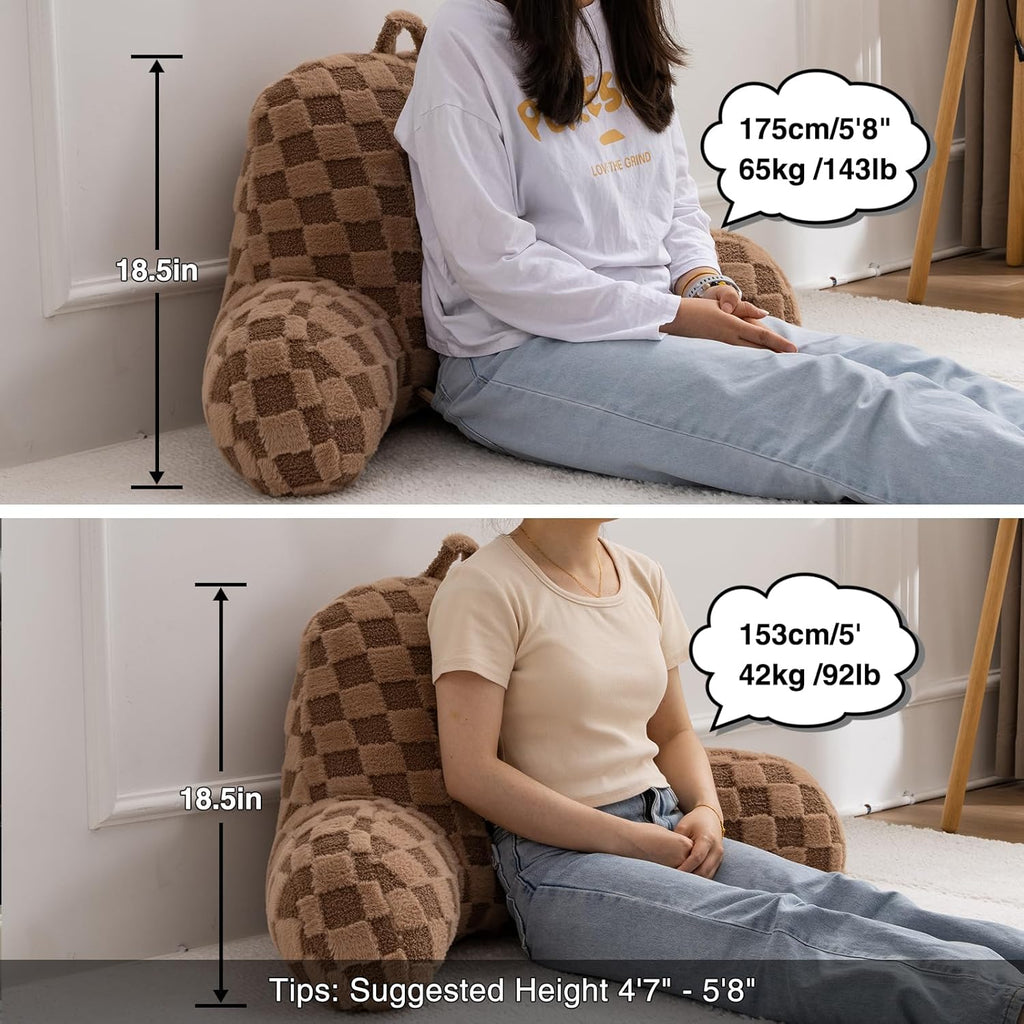 A Nice Night Faux Fur Reading Pillow,Checkered Fluffy Grid Plaid,Bed Wedge Pillow Large Adult Children Backrest with Arms for Bedrest,Brown