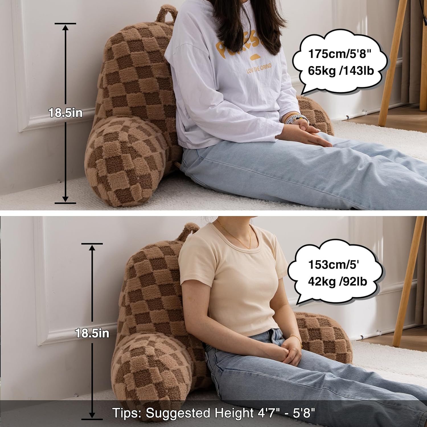 A Nice Night Faux Fur Reading Pillow,Checkered Fluffy Grid Plaid,Bed Wedge Pillow Large Adult Children Backrest with Arms for Bedrest,Brown