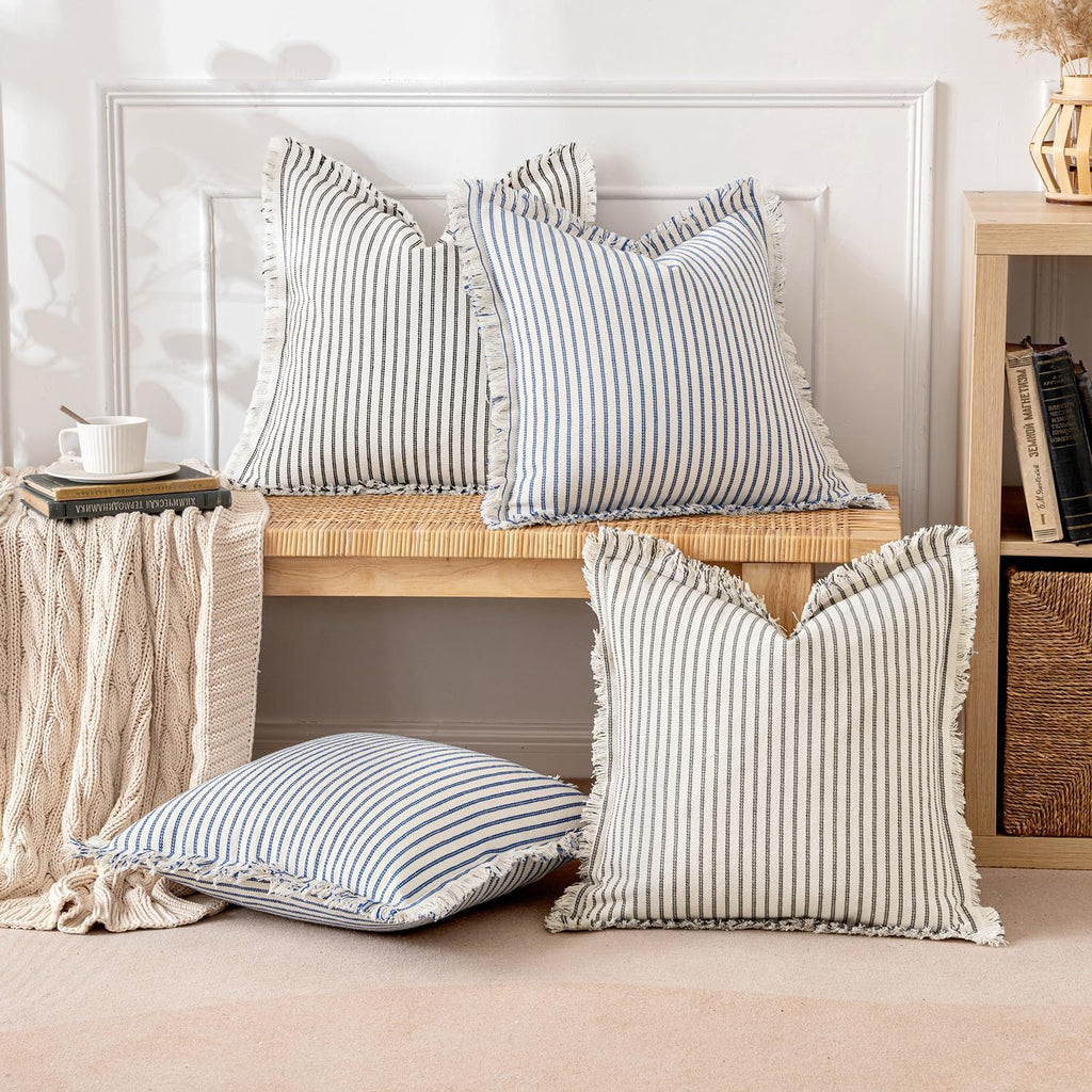 MIULEE Gray Pack of 2 Pillow Covers 18x18 Inch Striped Farmhouse Couch Throw Pillow Covers with Fringe Chic Linen Decorative Cushion Covers for Sofa Living Room Bed Outdoor Home Decor