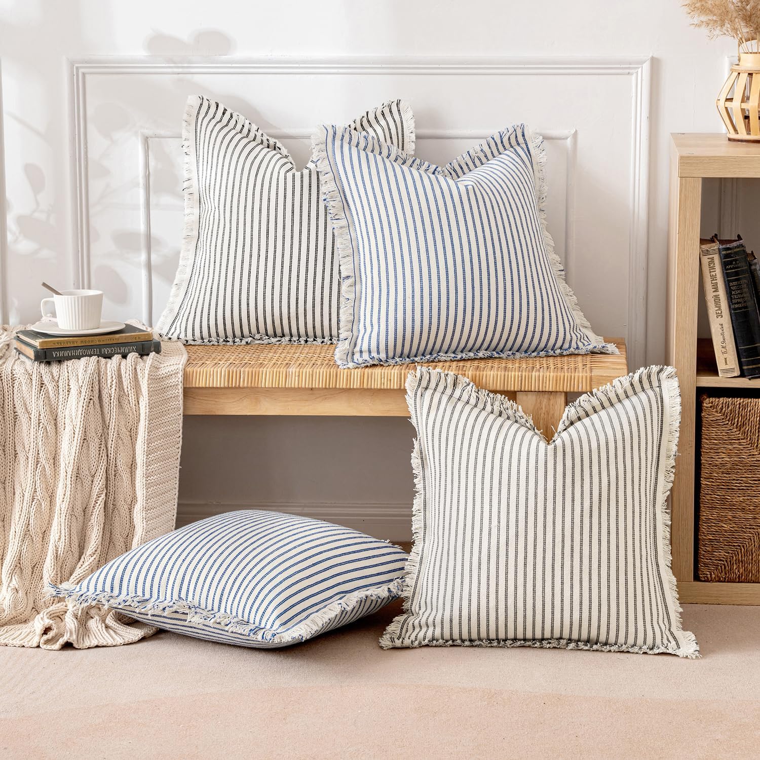 MIULEE Pack of 2 Royal Blue Pillow Covers 26x26 Inch Striped Farmhouse Couch Throw Pillow Covers with Fringe Chic Linen Decorative Cushion Eruo Sham for Sofa Living Room Bed Outdoor Home Decor