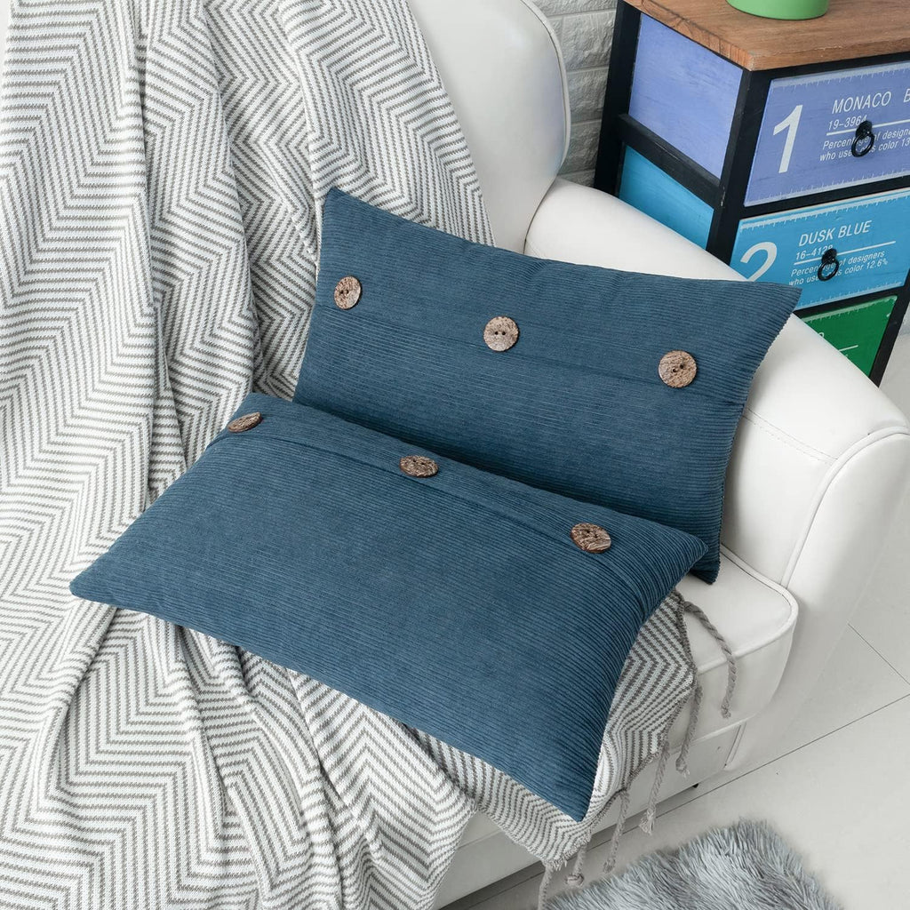 HWY 50 Blue Chenille Throw Pillow Covers 12x20 Inch with Triple Buttons, Soft Farmhouse Accent Decorative Cushion Cases for Couch Sofa Living Room Pack of 2 Rectangle