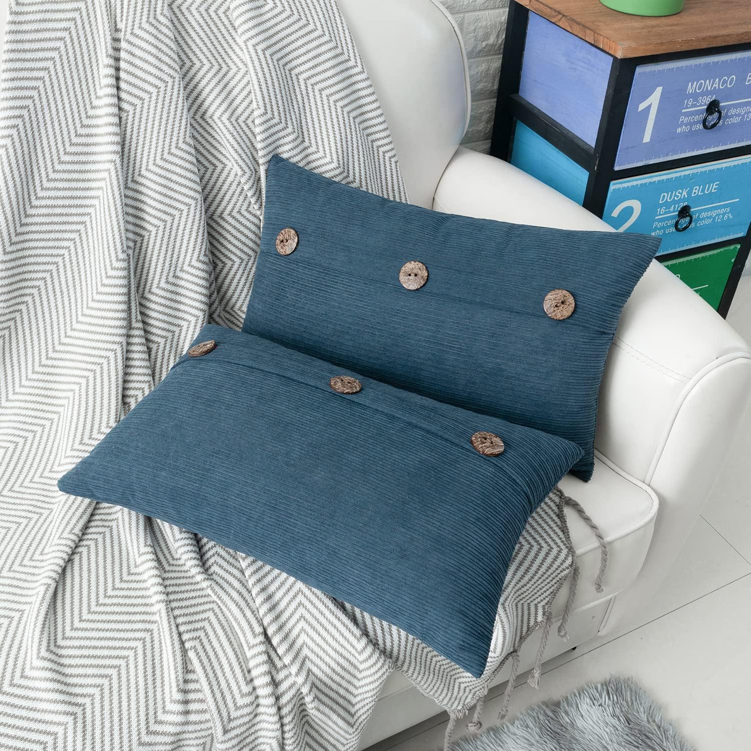 HWY 50 Blue Chenille Throw Pillow Covers 12x20 Inch with Triple Buttons, Soft Farmhouse Accent Decorative Cushion Cases for Couch Sofa Living Room Pack of 2 Rectangle