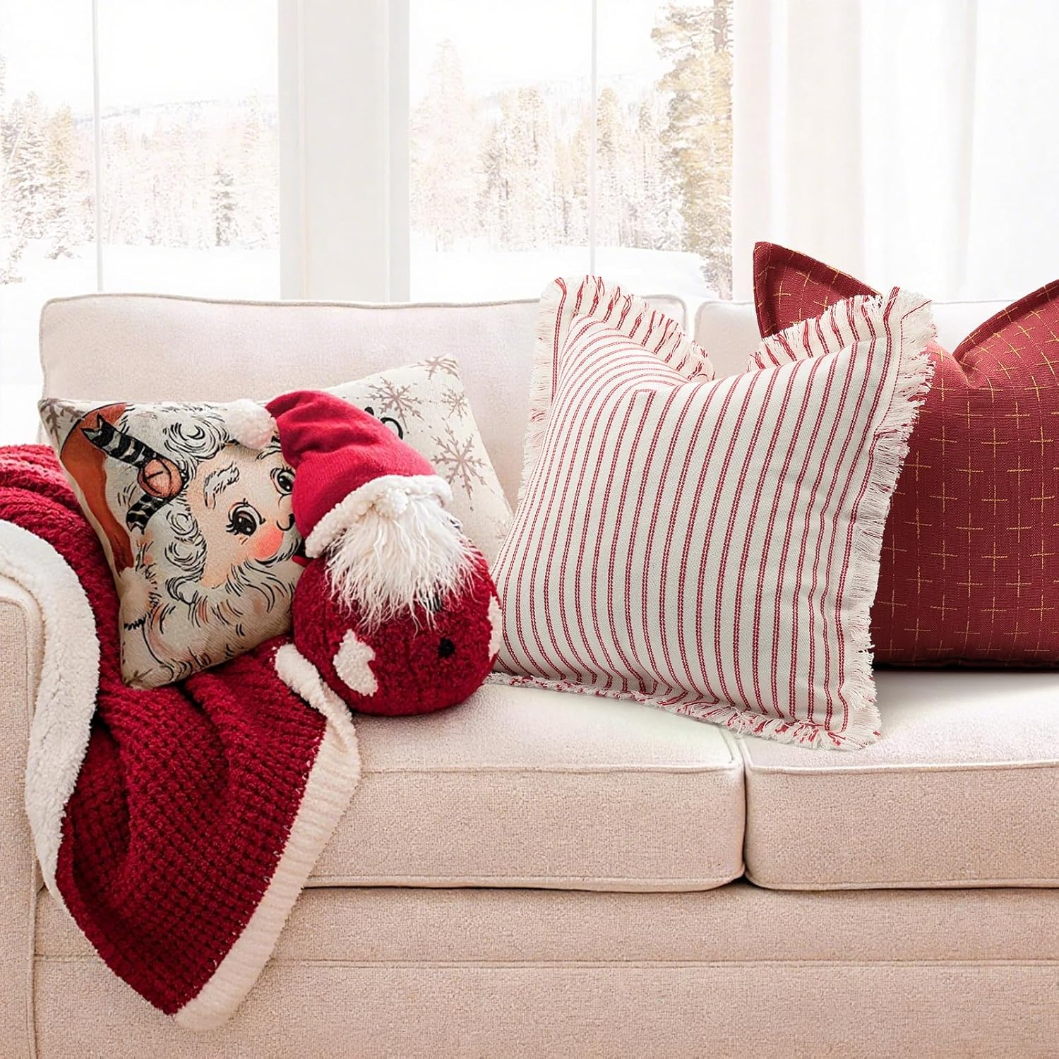 ZWJD Throw Christmas Pillow Covers 26x26 Set of 2 Striped Pillow Covers with Fringe Chic Cotton Decorative Pillows Square Cushion Covers for Sofa Couch Bed Living Room Farmhouse Decor