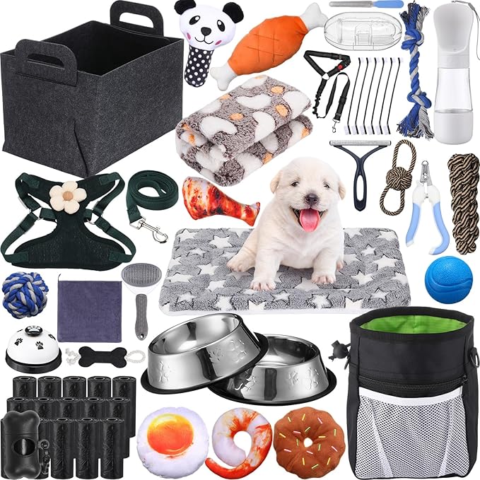 Abbylike 50 Pcs Puppy Supplies Starter Kit for Small Dogs Puppy Essentials Includes Leash, Bowls, Teeth Brushes, Water Bottle, and More Accessories for Dogs Christmas Welcome Gift(Black)
