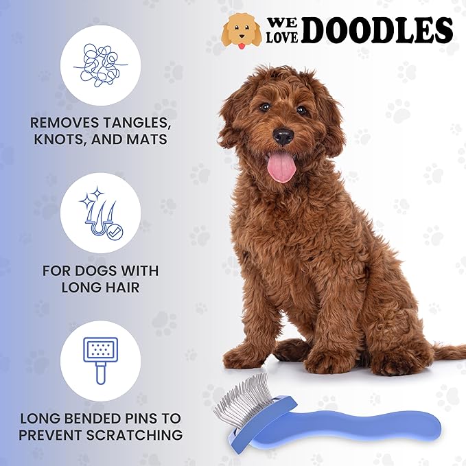 Slicker Brush for Dogs, Dog Grooming Supplies - Best Doodle & Poodle Brush for Long Haired Dogs - Goldendoodle Long Pin Detangler For Dematting (Medium Curved)