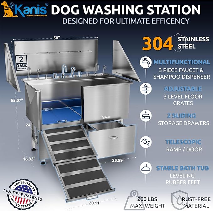 KANIS Professional Dog Washing Station - 304 Stainless Steel Pet Wash Sink & Grooming Bath Tub for Home with Ramp, Shower, Floor Grate, Storage Drawers, and Faucet for Large, Medium & Small Pets