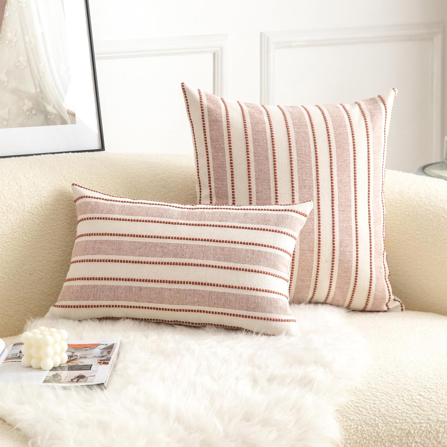 Decorative Boho Lumbar Throw Pillow Covers, Farmhouse Textured Pillow Case, 12 x 20 Inch Set of 2, Chair Sofa Bedroom Living Room Home Decor Couch Cushion Case, Rust and Beige Striped