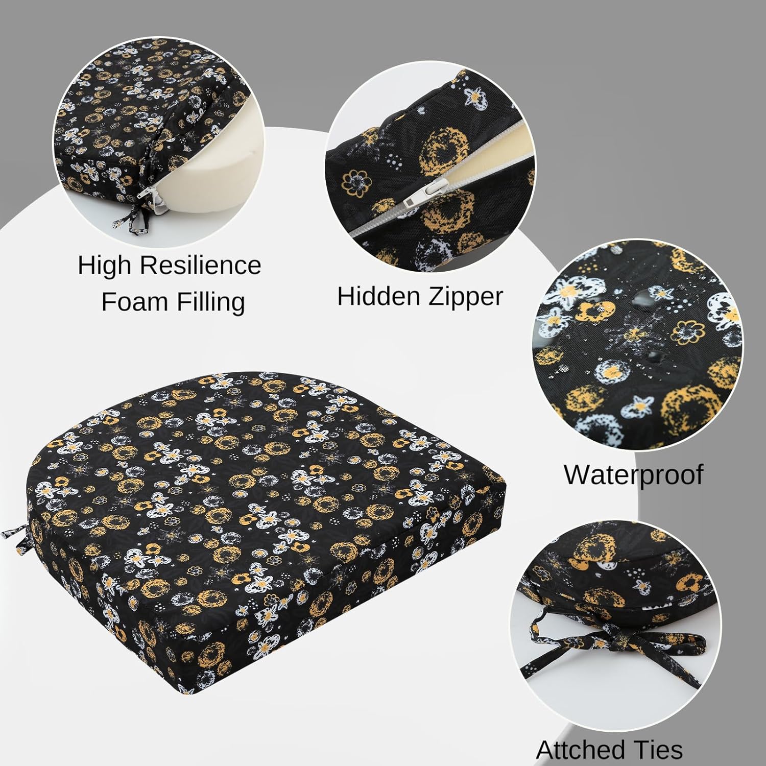 idee-home Outdoor Chair Cushions Set of 4, Thick 17" x 17" x 3" Outdoor Seat Cushions Patio Furniture Waterproof with Ties, Dining Pads