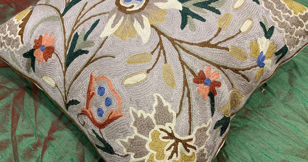 Beige Floral Pillow Cover Taupe Flower Traditional Hand Embroidered Pillowcase Traditional Outdoor Cushion Suzani Couch Flowery Needlepoint Chair Cushion Wool Size - 18x18