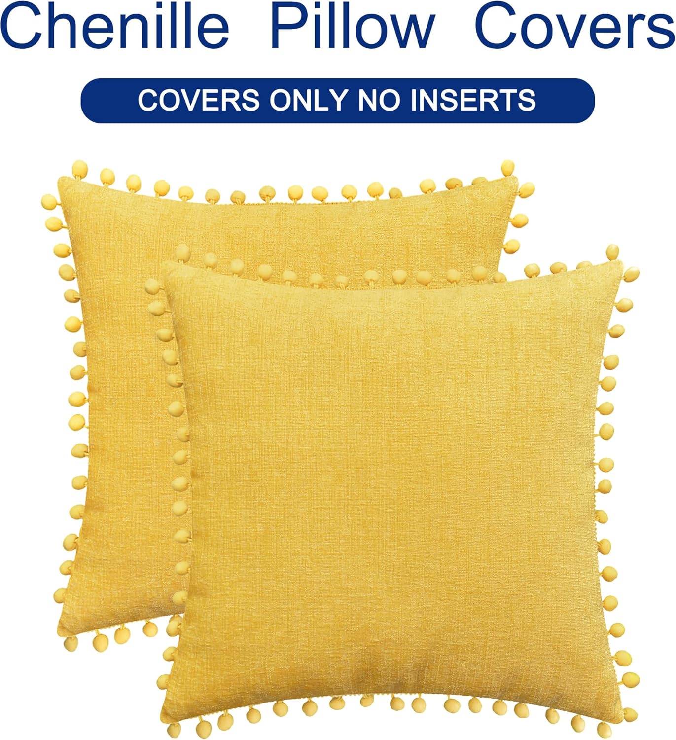 CaliTime Throw Pillow Covers Decorative 16 X 16 Inches Pack of 2 Cozy Solid Dyed Soft Chenille Cushion Cases with Pom Poms for Couch Sofa Bed Living Room Home Mustard Yellow