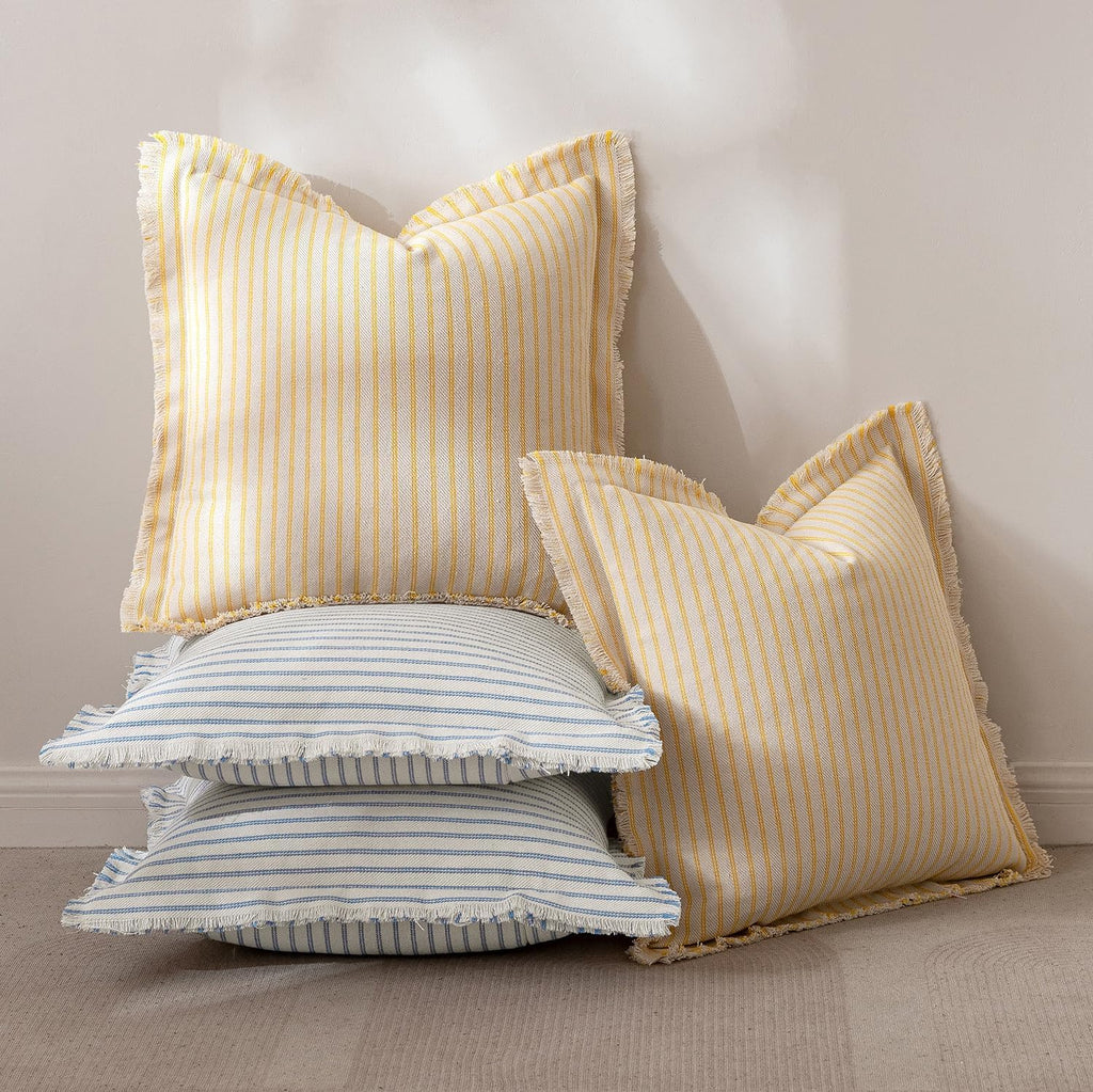 MIULEE Pack of 2 Yellow Pillow Covers 22x22 Inch Striped Farmhouse Couch Throw Pillow Covers with Fringe Chic Cotton Decorative Cushion Covers for Summer Sofa Living Room Bed Outdoor Home Decor