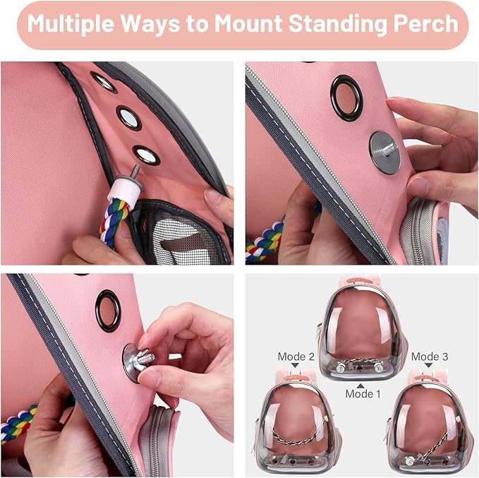 Bird Backpack Carrier, Travel Bird Cage for Small Medium Size Parrot Parakeet Budgies Cockatiel, Portable Clear Bubble Window Bag with Stainless Steel Tray Food Bolw Standing Perch (Pink)