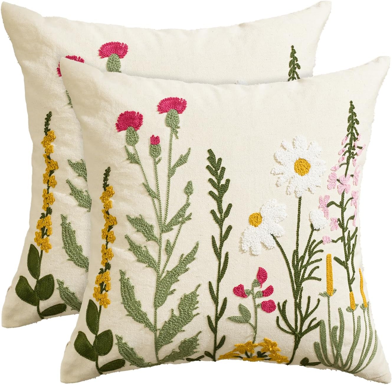 AVOIN colorlife Holiday Floral Embroidered Decorative Throw Pillow Covers Set of 2, 18 x 18 Inch Daisy Colorful Flowers Tufted Patterned Linen Cushion Cases for Bedroom Living Room Sofa Couch