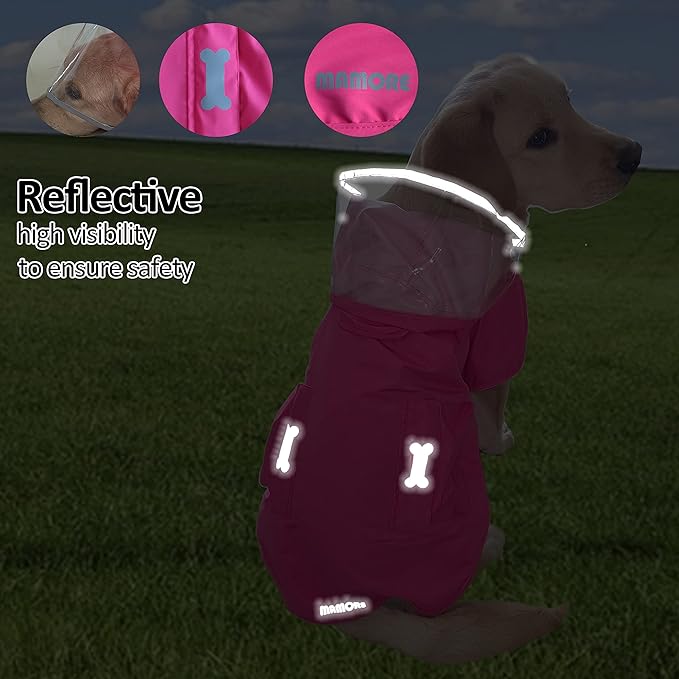 Waterproof Dog Raincoat, Adjustable Reflective Lightweight Pet Rain Clothes with Poncho Hood (X-Small, Dark Pink)