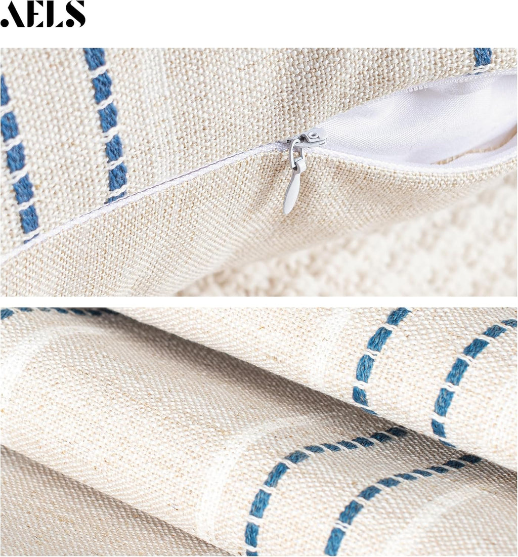 AELS 18x18 Decorative Farmhouse Linen Throw Pillow Covers, Boho Textured Pillow Case, Set of 2,Beige with White & Navy Blue Stripe Patchwork Cushion Cover for Sofa Couch Living Room(Cover ONLY)